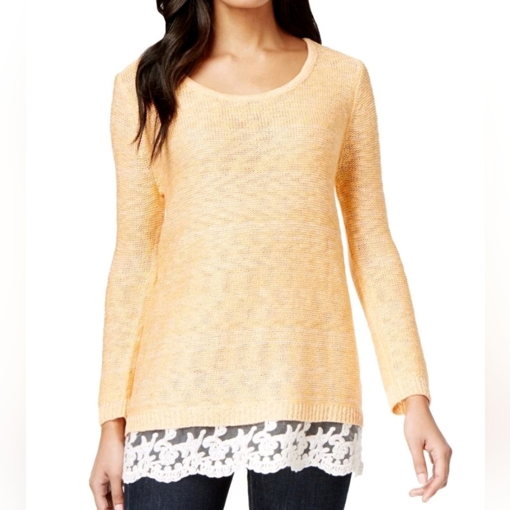 STYLE & CO Women's Citrus Splash Lace-hem Marled Scoop Neck Sweater Top M